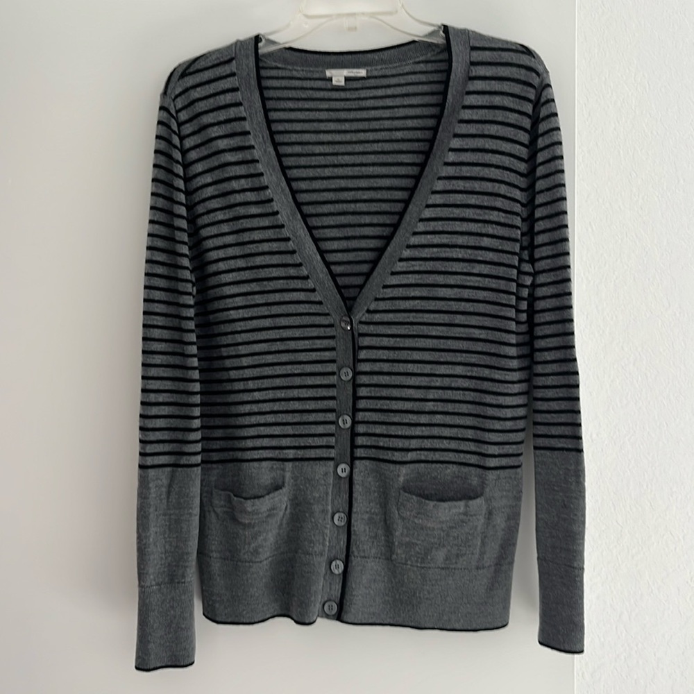 Halogen Cardigan Gray/Black Stripe V neck Lightweight XL